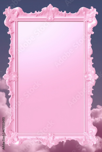 Natural frame made of fluffy white clouds on pink sky background. Flat lay, copy space. free space for text