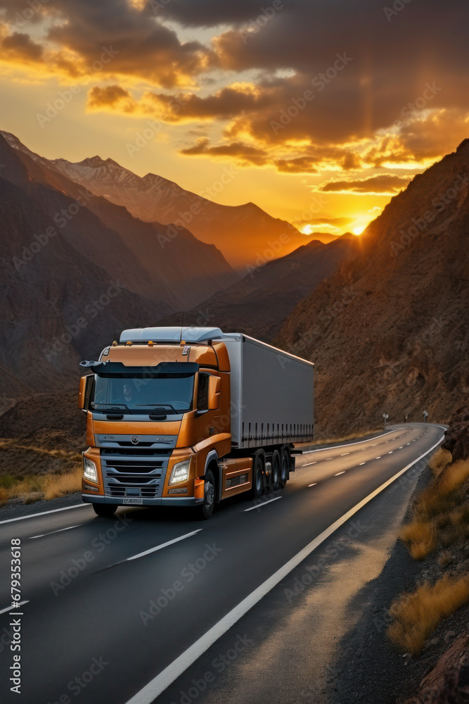 Loaded European truck on motorway in red, orange sunset light. On the road transportation and cargo. Loaded European truck on motorway in red, orange sunset light. On the road transportation and cargo.