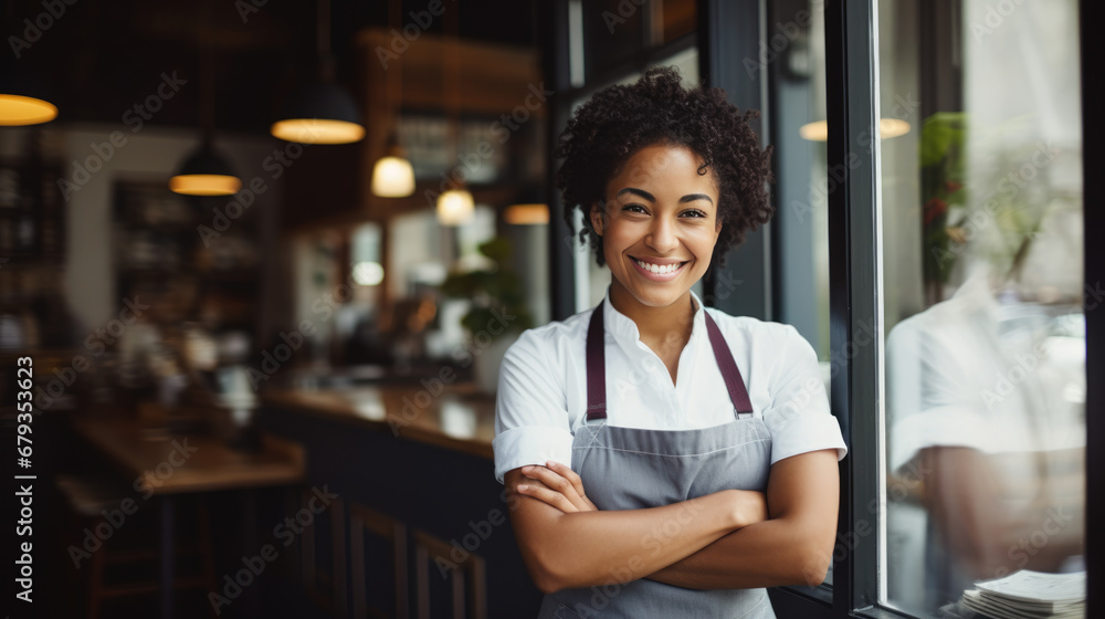 Smiling woman small business owner in apron standing confidently in front of a cafe, with warm lighting and blurred interior details in the background. Smiling woman small business owner in apron standing confidently in front of a cafe, with warm lighting and blurred interior details in the background.