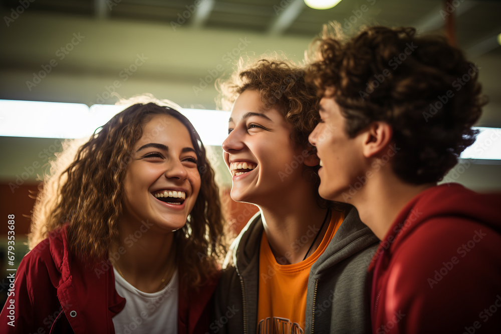 Obraz premium Schoolmates' Laughter: Teenagers Enjoying a Joyful Moment