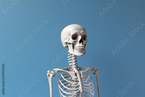 human skull on a colored background. cute, cheerful skeleton. Halloween. anatomy and biology. place for text, copy space