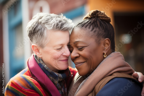 Intimate Love: Mature Interracial Lesbian Couple Embracing Affection