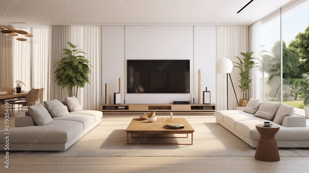 Fototapeta premium Modern living room, a sleek TV is mounted on a white wall, surrounded by tasteful decorations, including framed