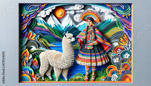 Peruvian Majesty Woman with Alpaca in Paper Art Landscape photo