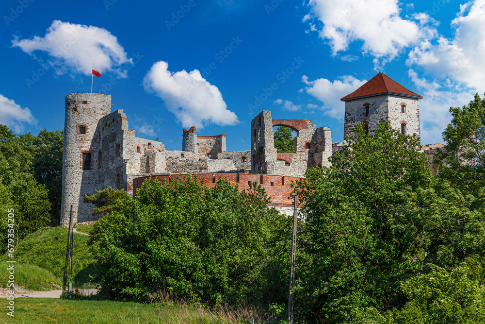 Fototapeta premium Ruins of medieval Tenczyn castle outside. Village Rudno. Poland.