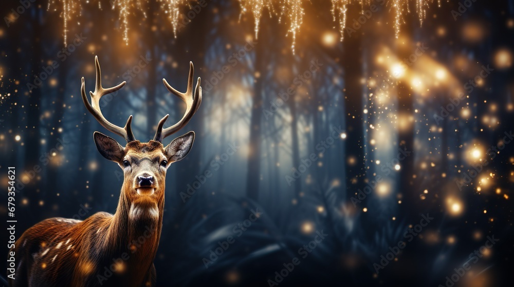 Fondo de navidad con un reno y con luces bokeh. Concepto de fiestas navideñas. Generado por IA Fondo de navidad con un reno y con luces bokeh. Concepto de fiestas navideñas. Generado por IA