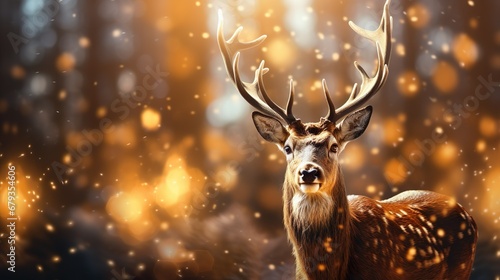 Fondo de navidad con un reno y con luces bokeh. Concepto de fiestas navideñas. Generado por IA © Cris.lo Studio