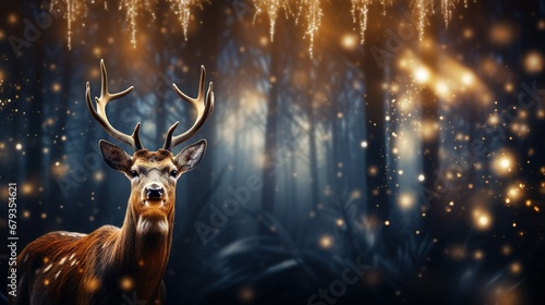 Fondo de navidad con un reno y con luces bokeh. Concepto de fiestas navideñas. Generado por IA © Cris.lo Studio