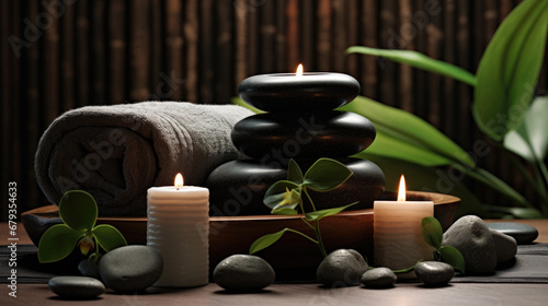 Serene spa setting featuring a lit candle, a stack of black towels, smooth massage stones, a glass bottle, and fresh green leaves, all arranged on a wooden table against a dark background.