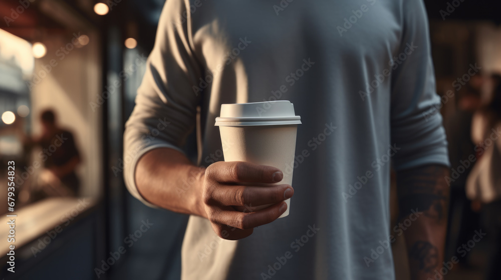 Person is holding a takeaway coffee cup in their hand, focusing on the cup with a blurred café background. Person is holding a takeaway coffee cup in their hand, focusing on the cup with a blurred café background.