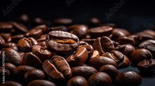 Freshly roasted coffee beans are emitting steam, highlighting their rich aroma and texture against a dark background.
