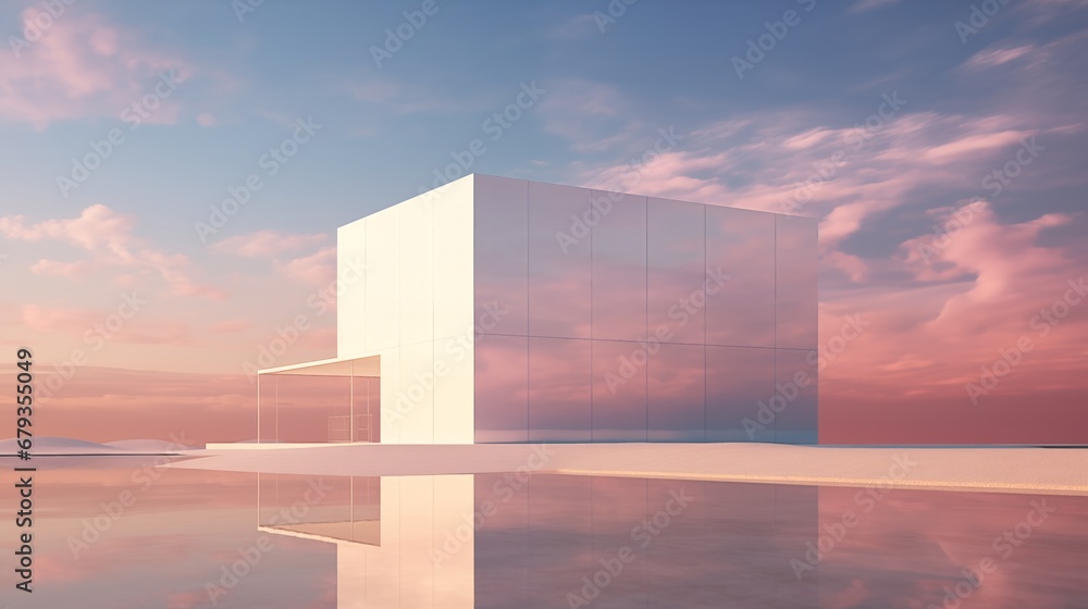 In a surreal and minimalist 3D render, a towering structure with clean lines and sharp angles stands against a backdrop of a cloudless sky In a surreal and minimalist 3D render, a towering structure with clean lines and sharp angles stands against a backdrop of a cloudless sky