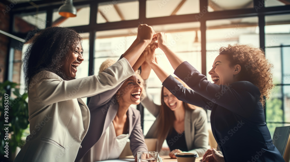 Moment of celebration, with a group of women in a business setting giving each other a high five, all smiling and exuding happiness and a sense of achievement. - obrazy, fototapety, plakaty 