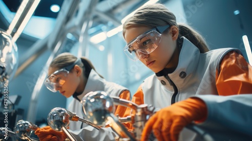 Portrait of teenage girls in a modern laboratory setting, fashionably dressed in STEM-inspired outfits, engaged in a robotic science project. © Татьяна Креминская