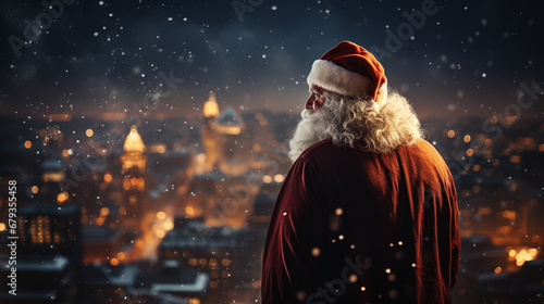 Santa Claus looks down on the city waiting to deliver the presents