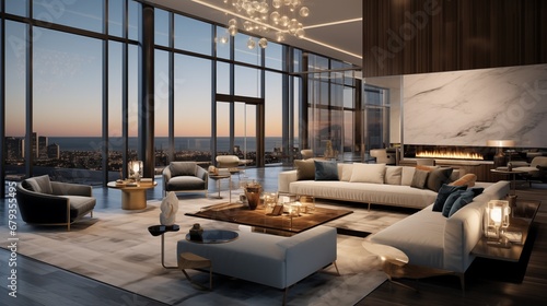 Central living room  luxury condominium or hotel Large luxury modern living room is depicted through  