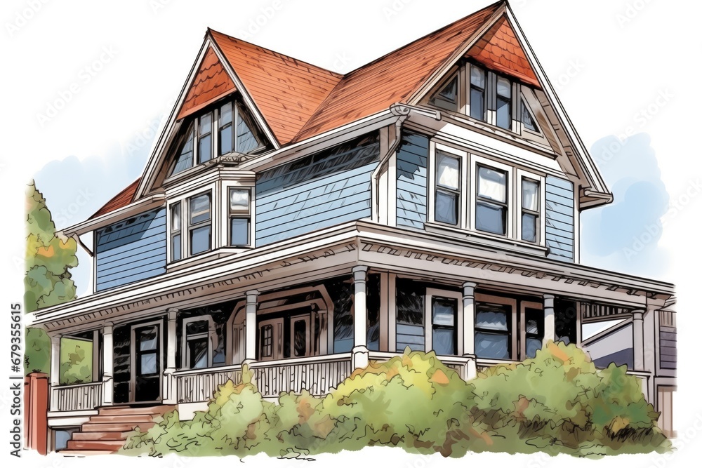 shingle sidings and flared eave of a dutch colonial house, magazine style illustration