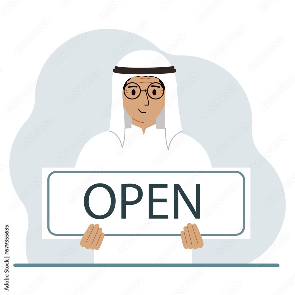 A man holds a board with the text OPEN in his hands. Advertising poster. A man holds a board with the text OPEN in his hands. Advertising poster.