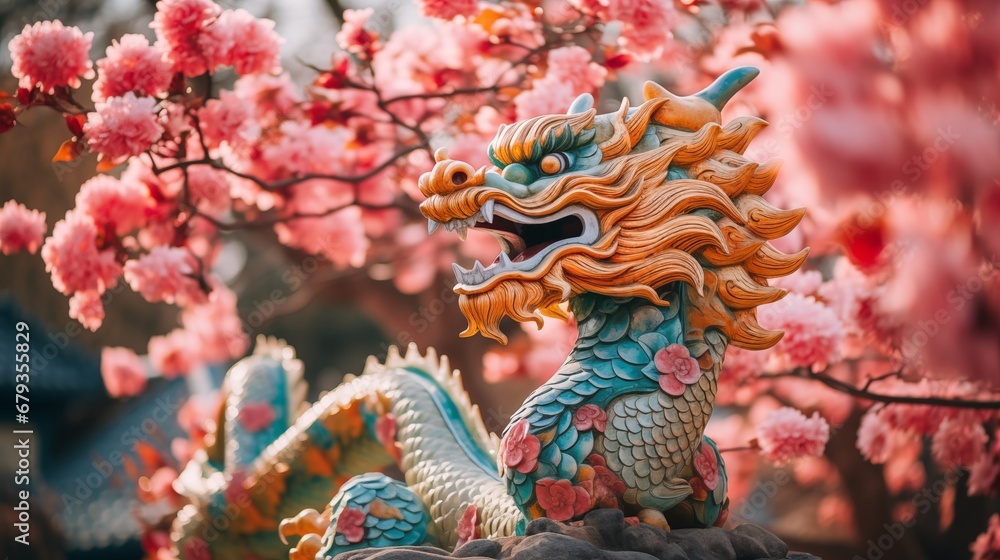 Obraz premium A dragon statue in front of the temple with a tree with pink flowers in the background. The Year of the Dragon is traditionally associated with the Chinese zodiac,