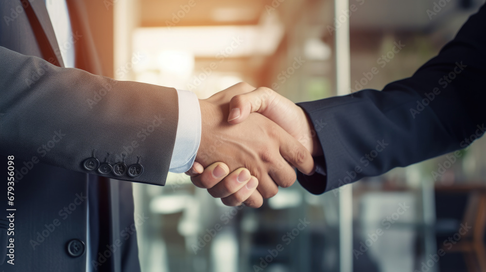 Two businessmen in suits are shaking hands in a formal office setting, symbolizing a deal or agreement.