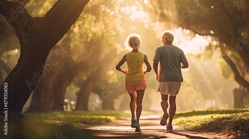 Elderly couple jogging along a tree-lined path, their weathered faces glowing with determination, the vibrant colors of their athletic attire contrasting against the lush greenery, the composition