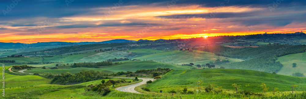 Beautiful Tuscany panoramic landscape at sunrise, Italy