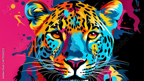 Portrait of a leopard in the style of pop art. The power and strength of a beautiful predator. Expressive look. Bright  saturated colors. Copy space. Close-up.
