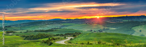 Beautiful Tuscany panoramic landscape at sunrise, Italy