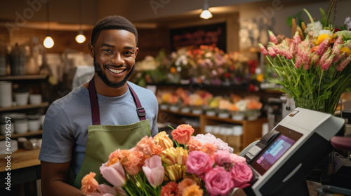 Smiling male florist in an apron standing a flower shop environment including a cash register in the background.