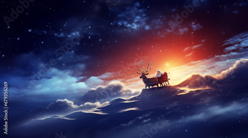 Santa flying over night sky. Marry Christmas and happy holiday © alexkich