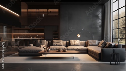A modern dark home interior background, featuring a spacious loft with sleek furniture, minimalistic decor, and large windows that allow natural light to filter in, creating a soft and warm ambiance