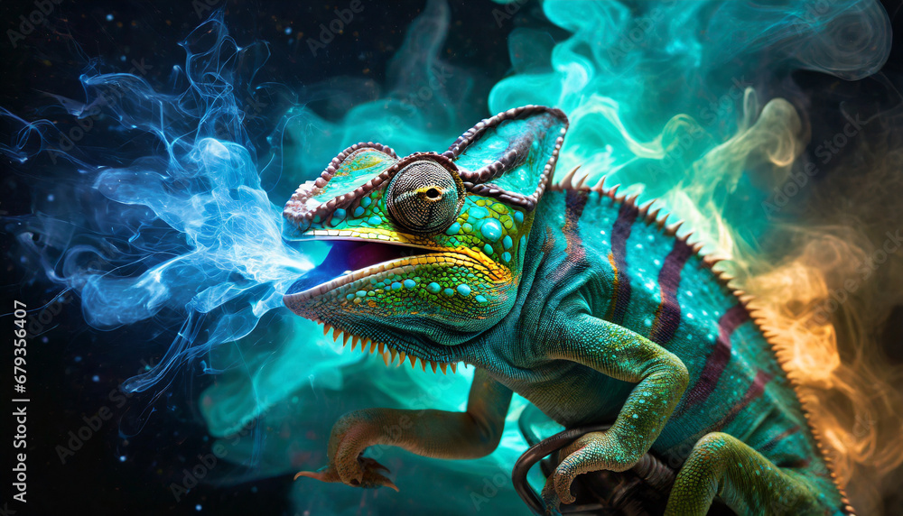 Chameleon with tongue out - The electrical power of full flavor on the Taste Buds Chameleon with tongue out - The electrical power of full flavor on the Taste Buds