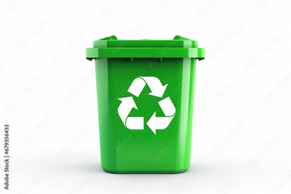 Green recycling bin with recycle symbol on white background Green recycling bin with recycle symbol on white background