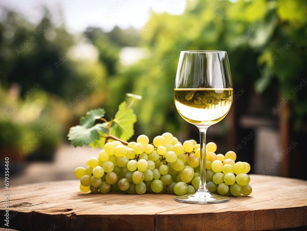 white wine with grapes on old wooden table