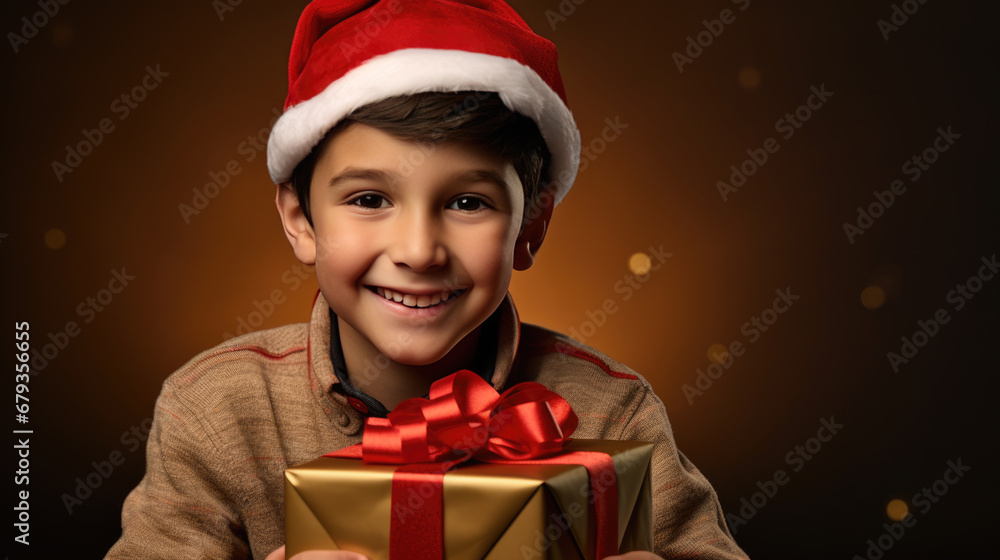 A joyful boy in a Santa hat is smiling while holding a wrapped Christmas present A joyful boy in a Santa hat is smiling while holding a wrapped Christmas present