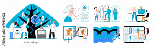 Bio Technology -modern flat vector concept illustration of improving aspects of healthcare, agriculture, environmental sustainability, industrial processes. Metaphor of bridging Science and Nature