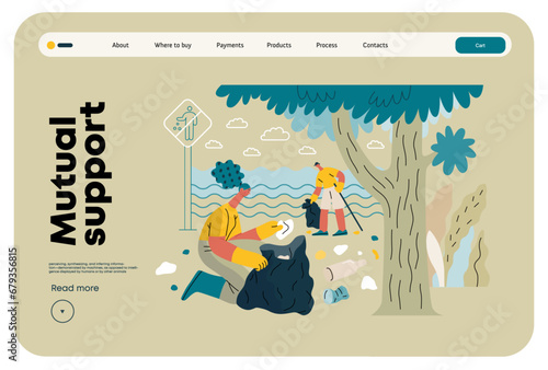 Mutual Support: Cleaning up trash, Garbage collection -modern flat vector concept illustration of people collecting trash on the beach A metaphor of voluntary, collaborative exchanges of resource