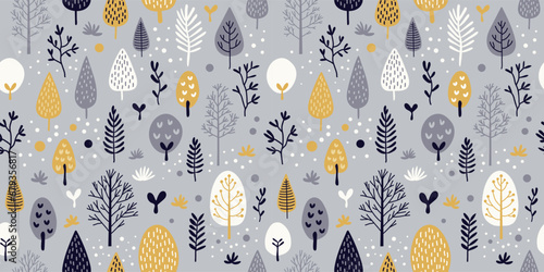 Simple hand drawn winter vibes forest tree nature elements seamless vector pattern, digital paper. Minimal modern surface design background.