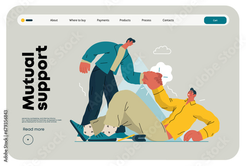 Mutual Support: Helping a fallen person get up -modern flat vector concept illustration of man assisting another man to stand up A metaphor of voluntary, collaborative exchanges of resource, services