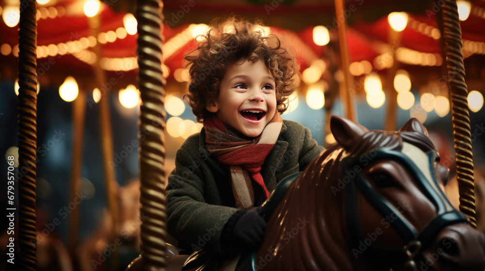 A child with curly hair is laughing joyfully while riding on a carousel horse, surrounded by the warm glow of lights at dusk.