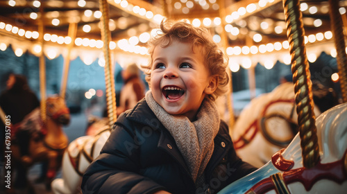 A child with curly hair is laughing joyfully while riding on a carousel horse, surrounded by the warm glow of lights at dusk. © MP Studio