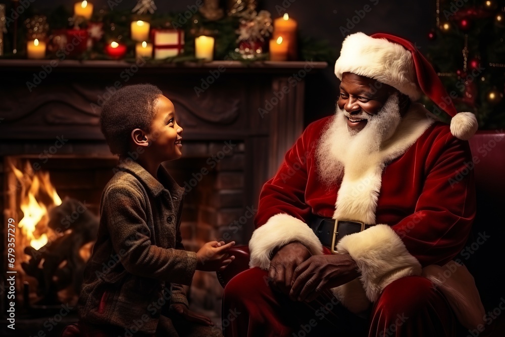 An African-American old man Santa Claus in glasses, a red hat and a fur coat is talking to a small black child in a room with a fireplace.