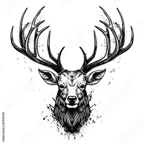 Black and white drawing of deer head with splashes in png, transparent background