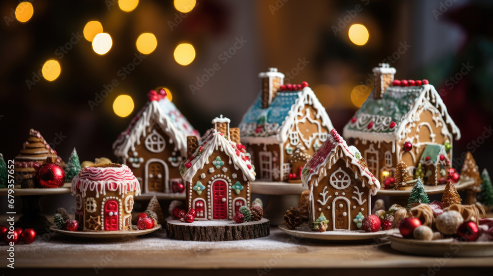 Collection of intricately decorated gingerbread houses with festive icing and candy embellishments