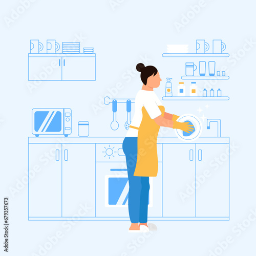 Woman cleans an apartment. A young girl washes dishes in her kitchen and keeps clean. Light blue interior on the background. Cleaning process concepts. Vector illustration.