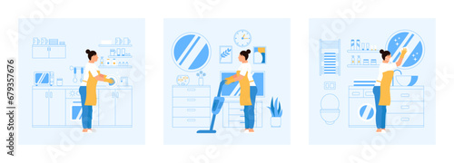 Women cleans apartment 
vector illustration set.Female character vacuums the carpet and thoroughly cleans it. Girl washes and wipes dishes in domestic kitchen. Girl in a respirator cleans the toilet. photo