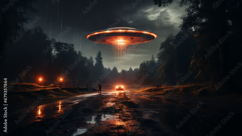 UFO, an alien saucer hovering above the field in the clouds UFO, an alien saucer hovering above the field in the clouds