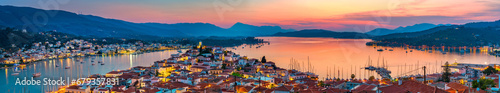 Panoramic view of greek town Poros at sunset, Greece photo