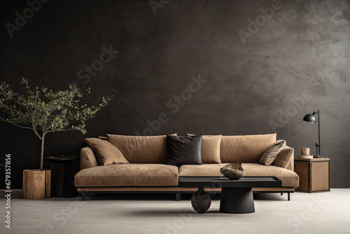 Sofa moderno con cojines en tonos beiges, mesitas decoradas y planta natural,  junto a pared negra vacia.  photo