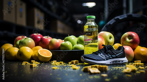 Pair of running shoes and healthy food composition on a wooden table background